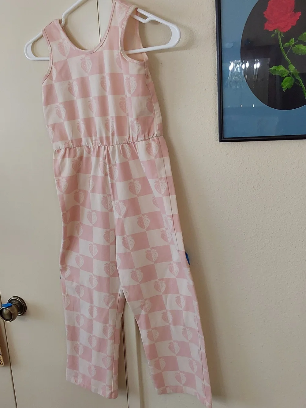 Girls Pink Checkered Strawberry-Print Casual Jumpsuit